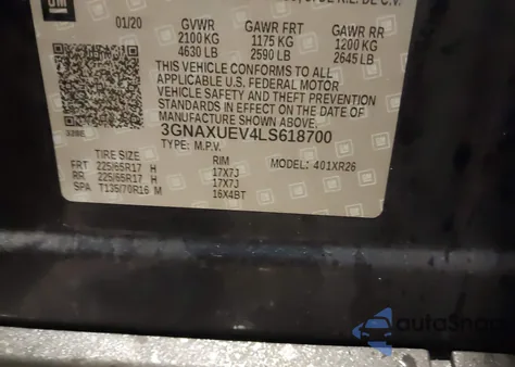 2020 Chevrolet Equinox Awd Lt 1.5L Turbo из США, поврежденный, VIN 3GNAXUEV4LS618700